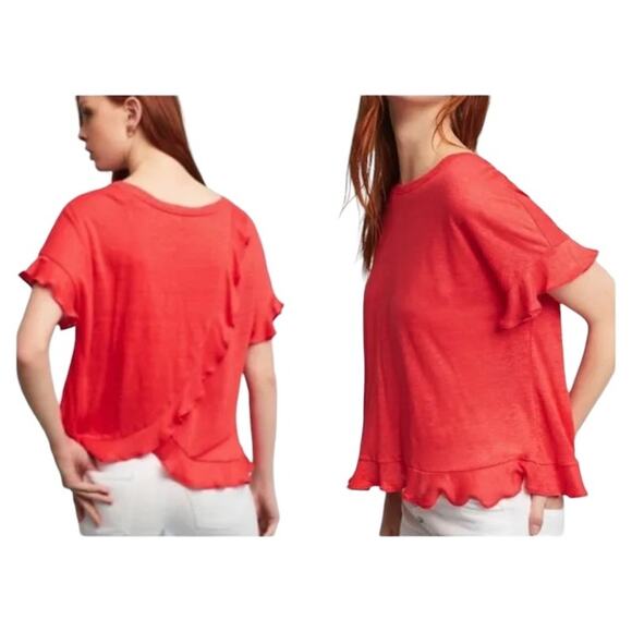 ANTHRO Eri + ali Coral Red Linen Cross Back Flutter Tee SM Beachy Summer Casual - Picture 1 of 9